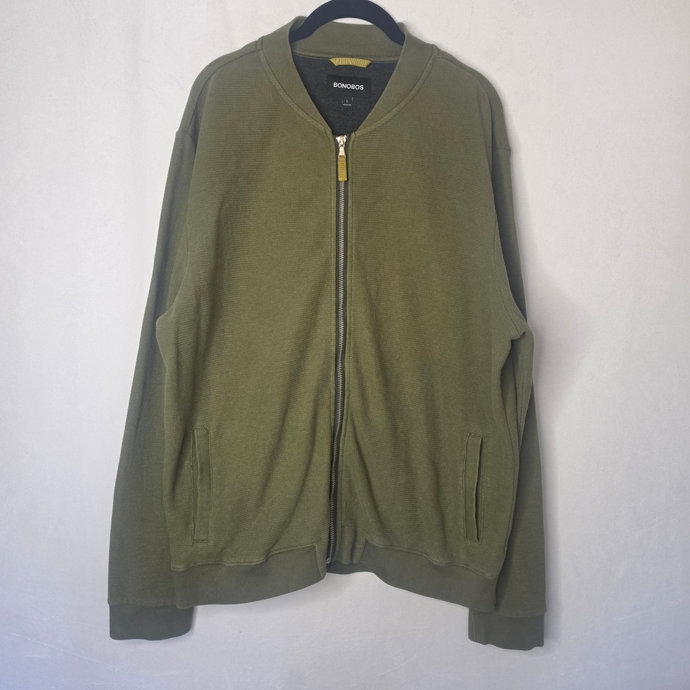 Bonobos Olive Green Waffle-Knit Full Zip Flight Bomber Jacket